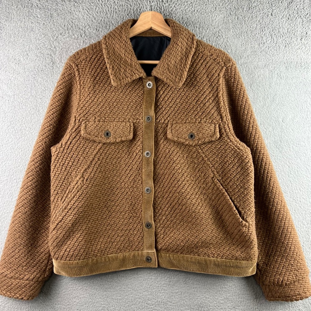 Prana Hellebore Jacket Brown Textured Boucle Corduroy Trim Snap Front Womens L - Picture 2 of 13